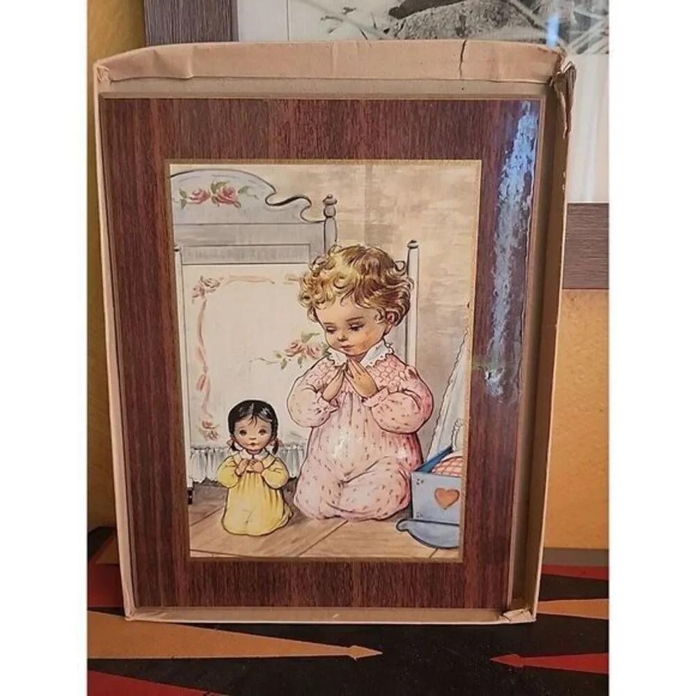 Vtg Little Girl Praying w doll Wall Plaque Decor 9